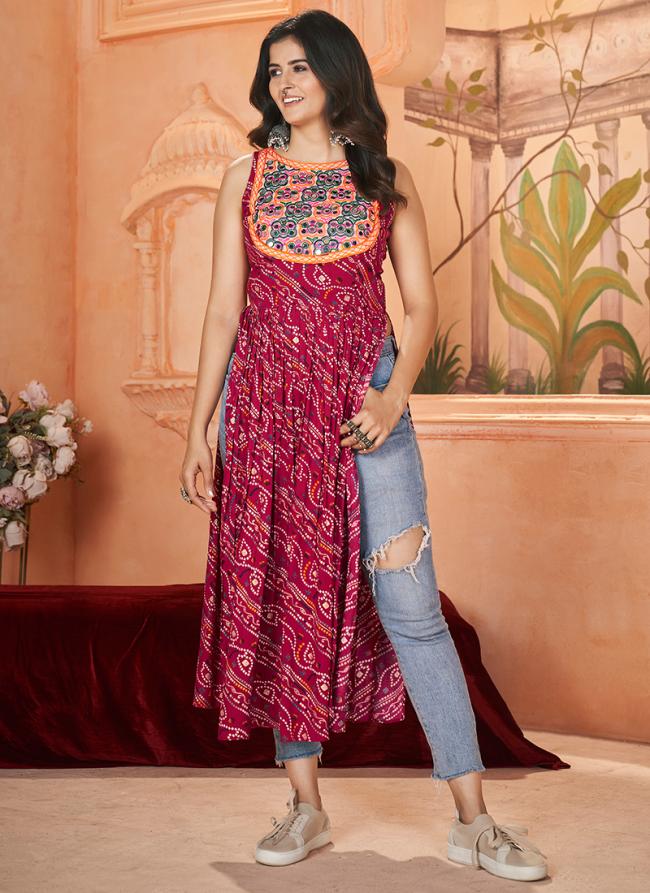 Rayon Rani Pink Navratri Wear Printed Readymade Kurti